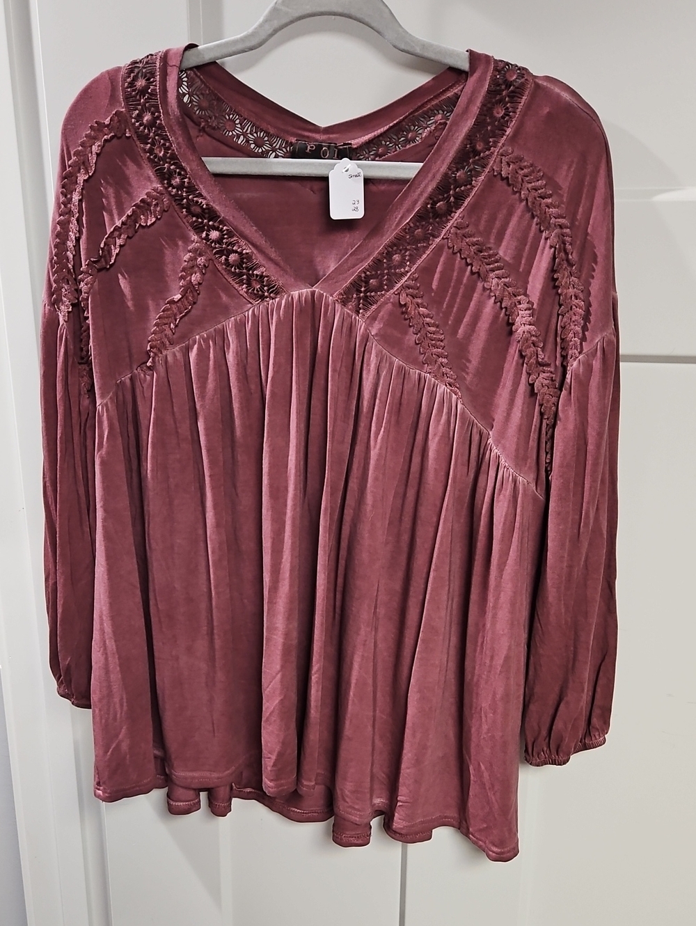 POL Velvet Boho Smocked V-Neck Blouse - Rosewood
